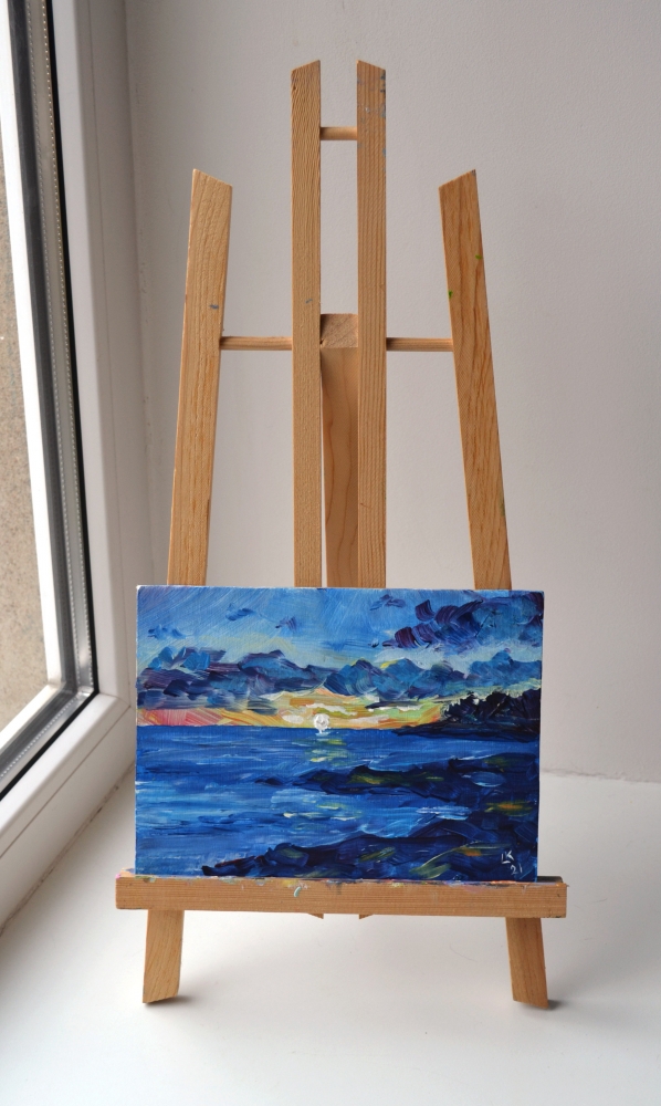 Ocean wave mini canvas painting 4×4 inches with mini easel