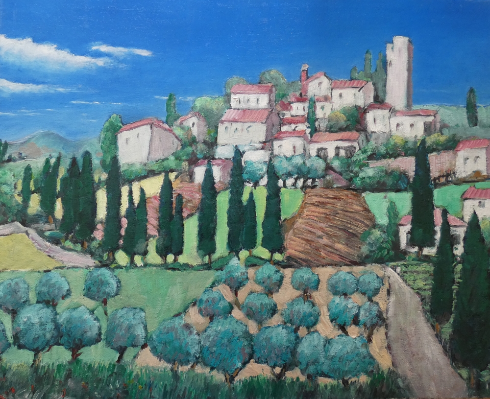 Small Town in Tuscany with Cypress and Olive trees