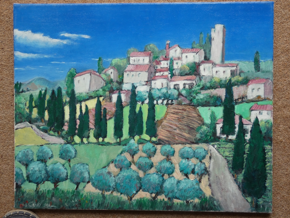 Small Town in Tuscany with Cypress and Olive trees