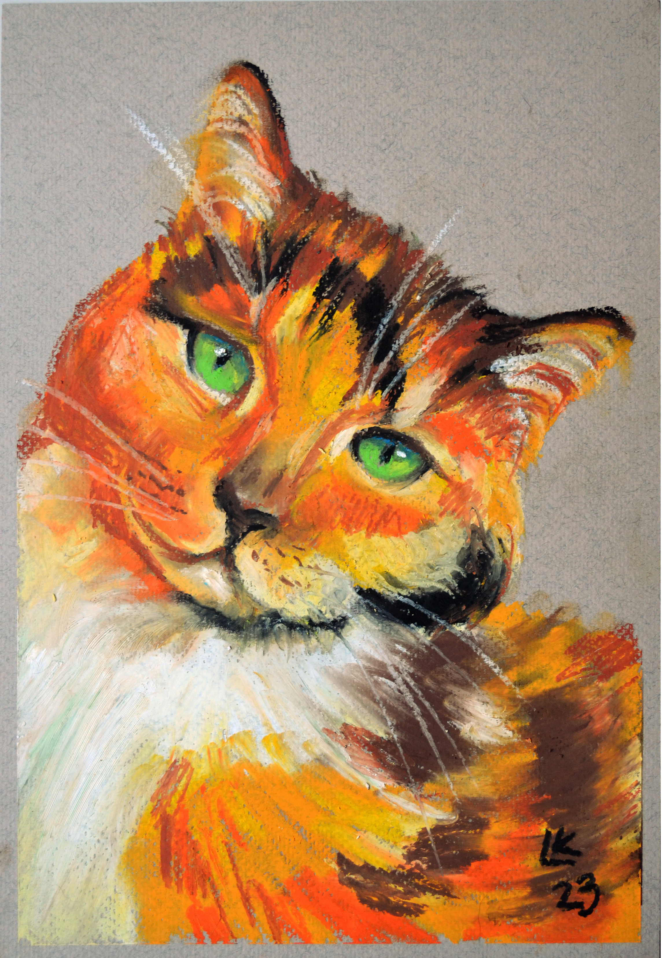 Cute calico cat oil pastel portrait