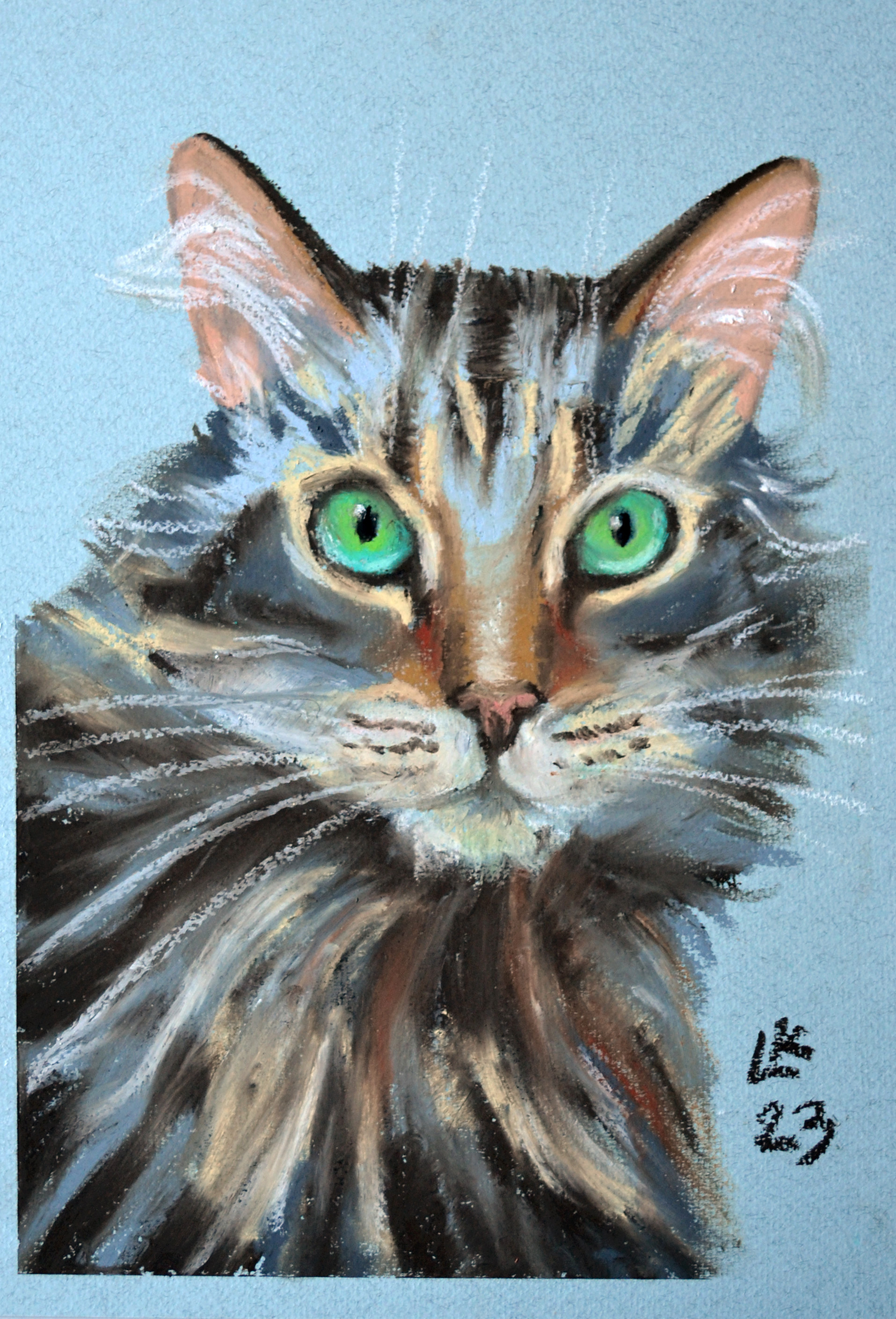 Tabby furry cat oil pastel painting