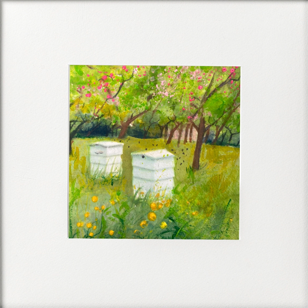 Seasons - Spring beehives bees orchard blossom framed