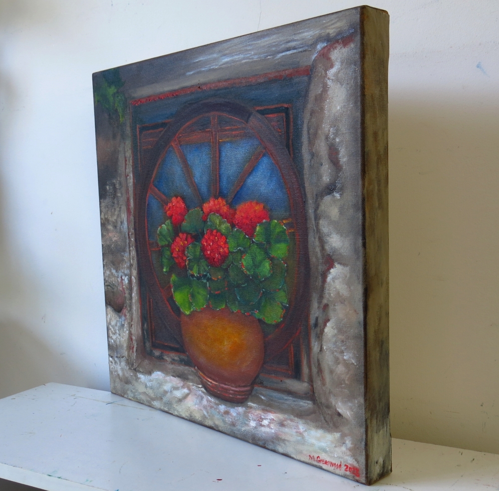 Geraniums in a Window Setting