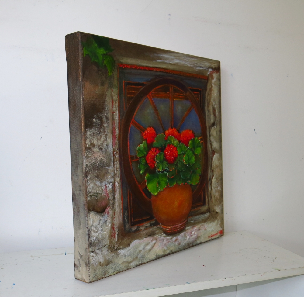 Geraniums in a Window Setting