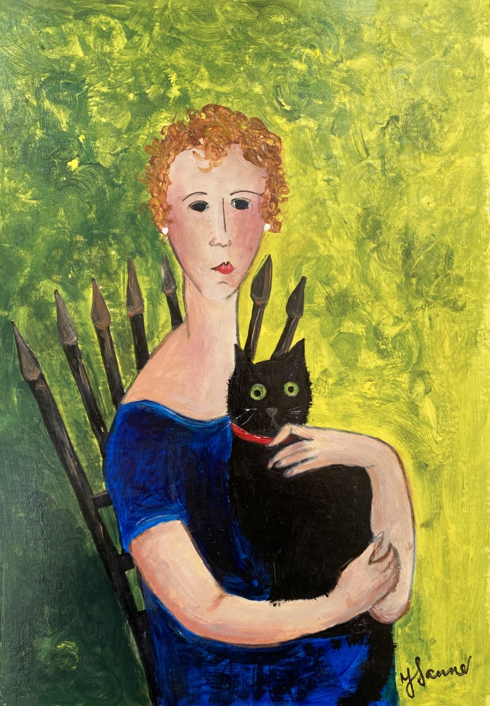 Woman blue dress black cat