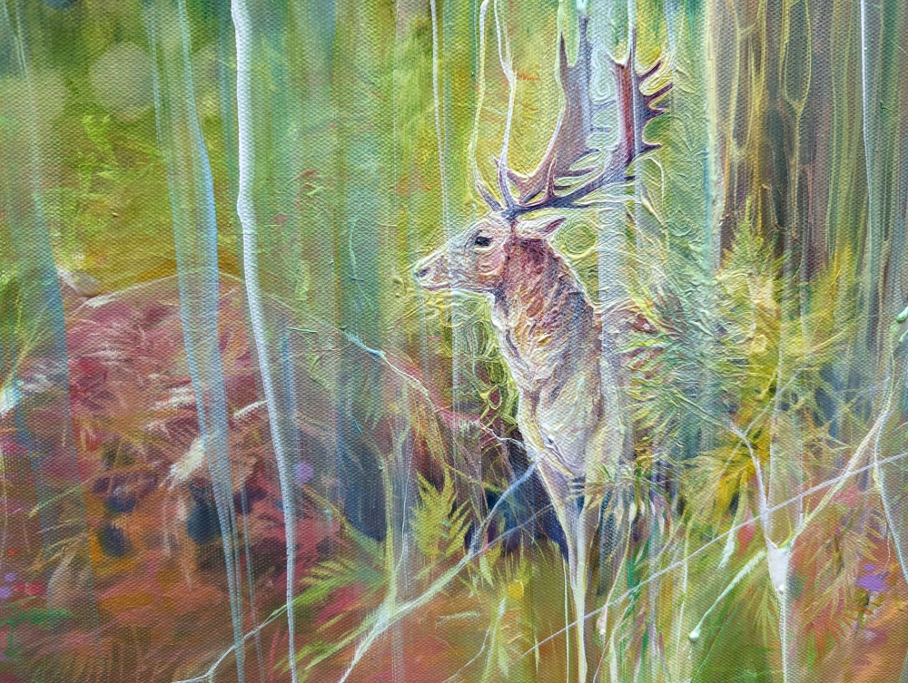 The Song of the Deer is a colourful semi abstract oil painting of a group of deer in an autumn wood