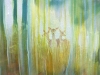 The Song of the Deer is a colourful semi abstract oil painting of a group of deer in an autumn wood