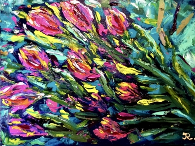 Tulips original oil impasto style painting 