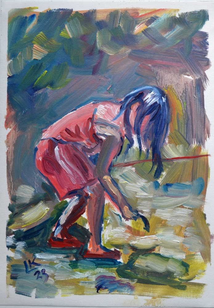 Little girl is fishing on the river summer day