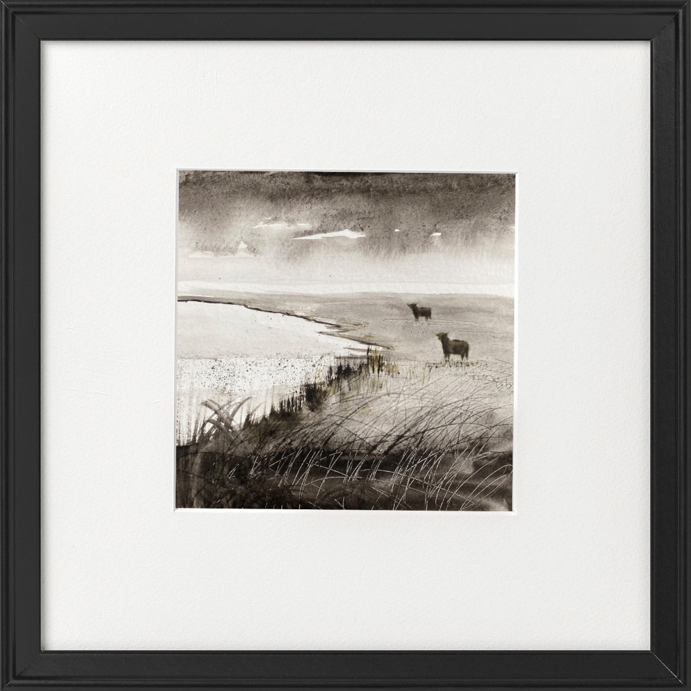 Monochrome - Highland Cattle on Marshes framed