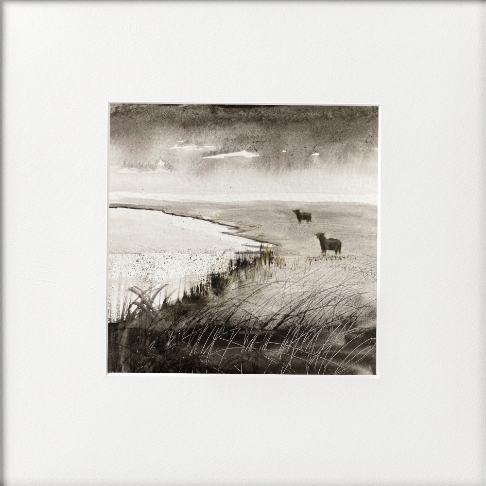 Monochrome - Highland Cattle on Marshes framed