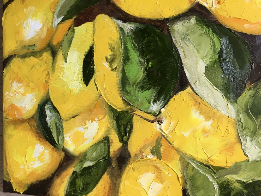 Lemon tree, perfect oil painting for cafe or restaurant decoration. 