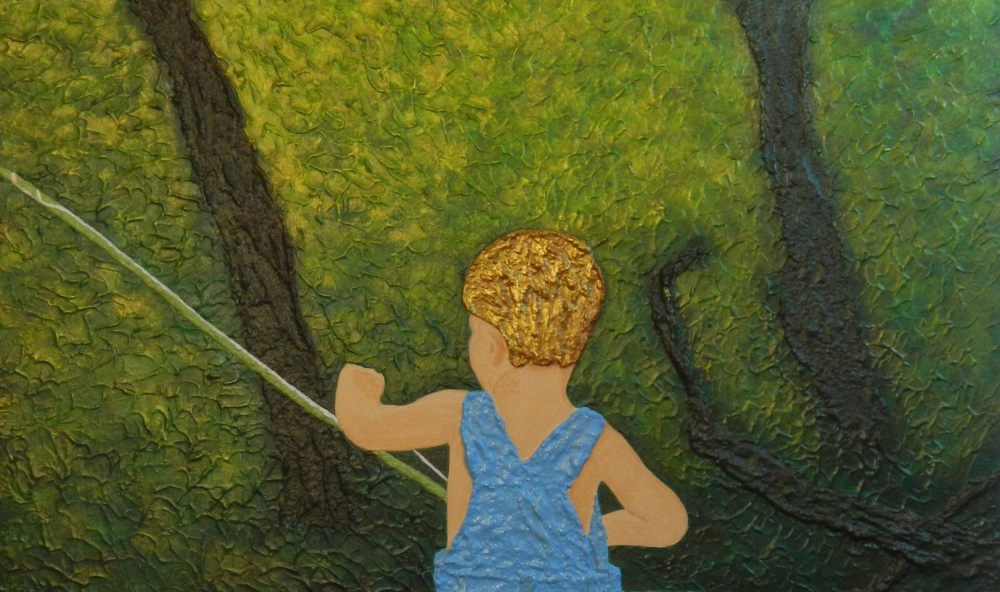 Little Angler at Work - Original landscape, palette knife painting