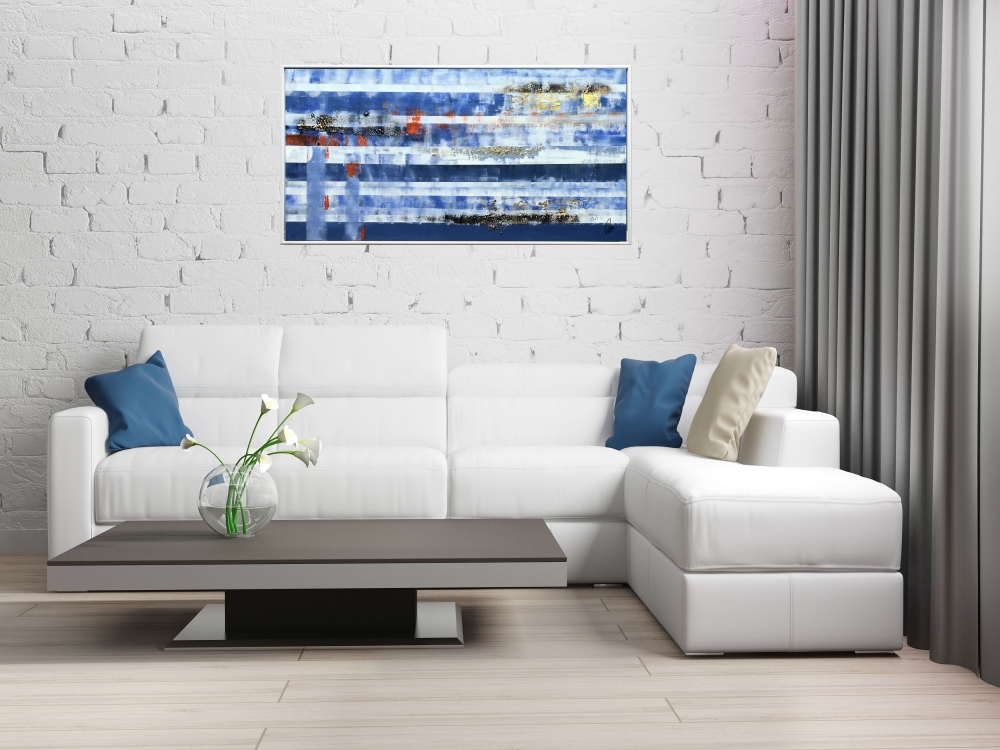 Blue Horizontal - Framed abstract painting on canvas