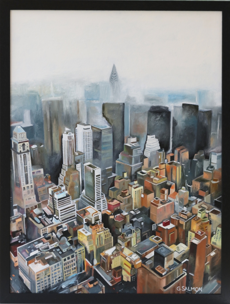 Manhattan Rising From the Morning Mist (framed oil painting on canvas board)