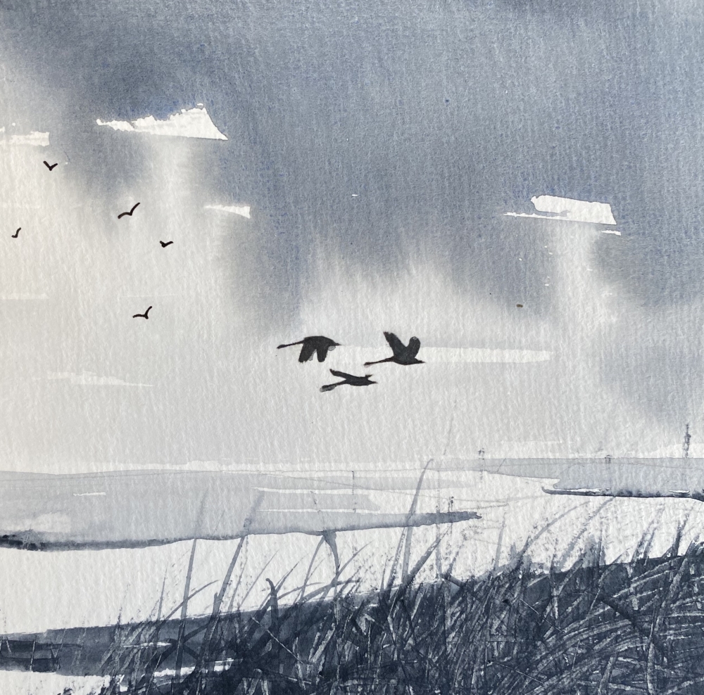 Monochrome - Three Swans over Marshland framed