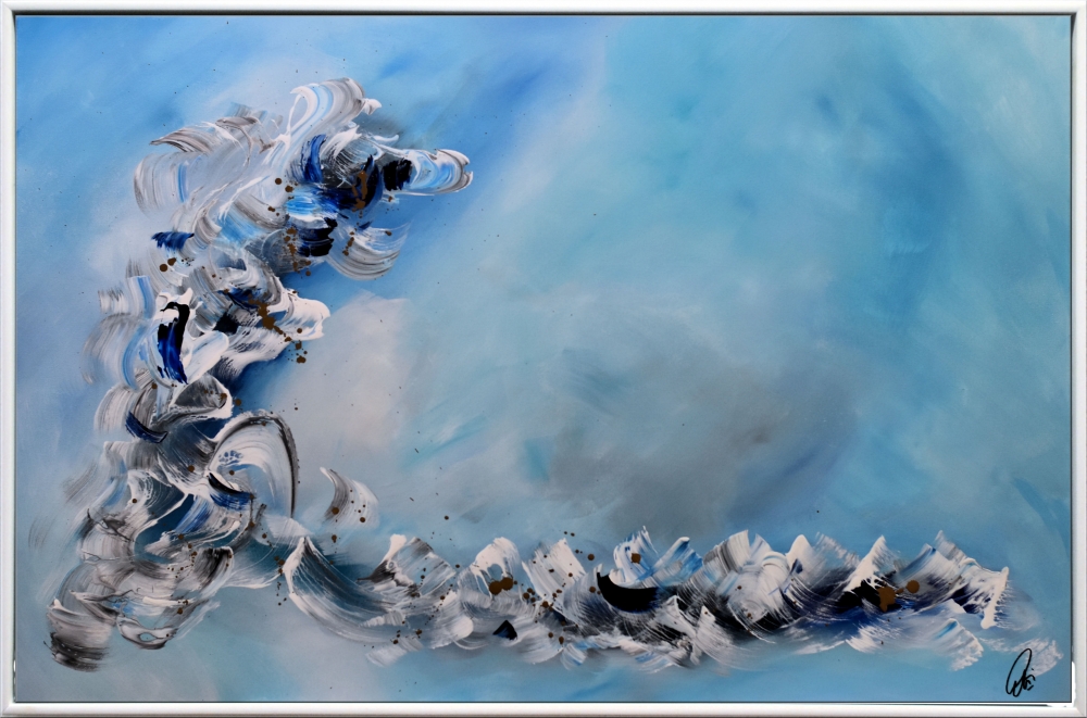 White Wings- Blue abstract art in frame