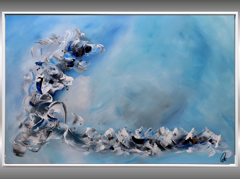 White Wings- Blue abstract art in frame