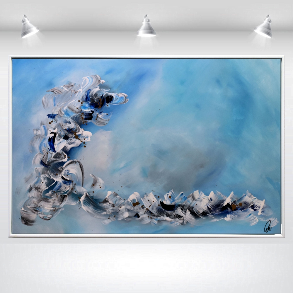 White Wings- Blue abstract art in frame