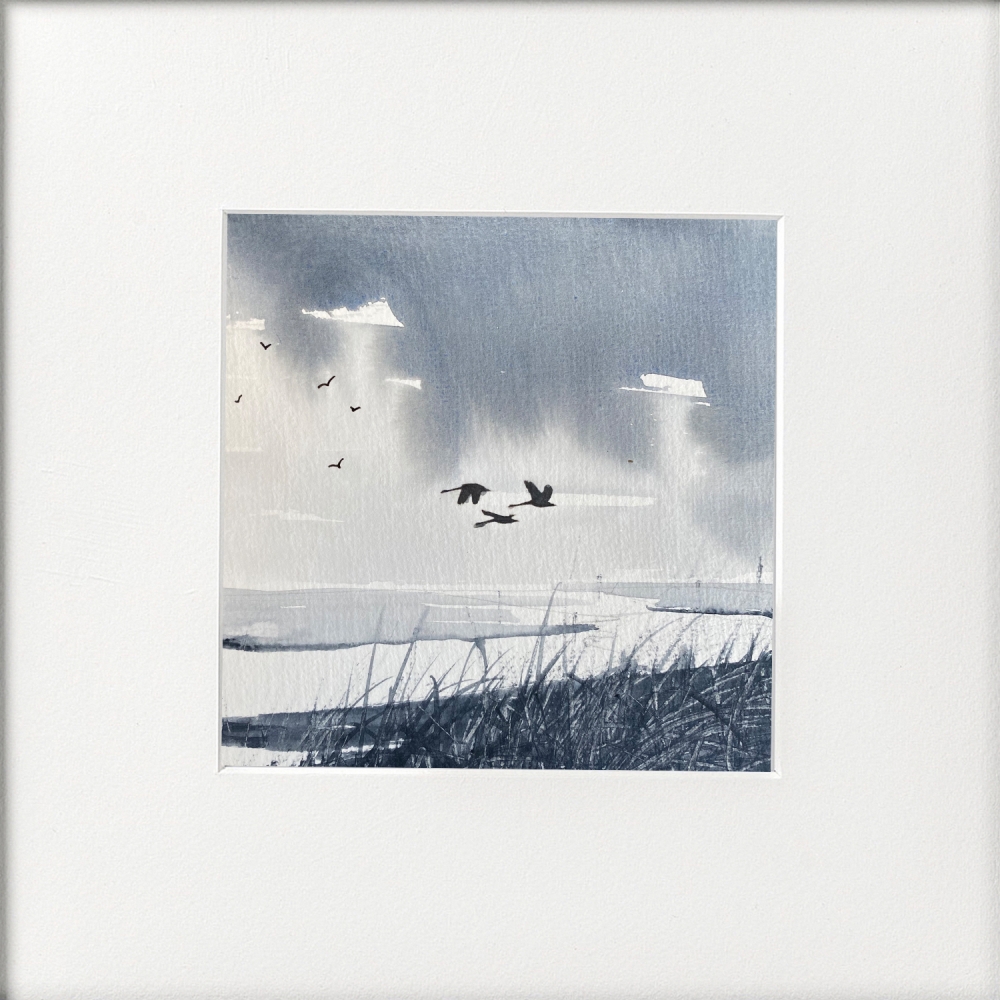 Monochrome - Three Swans over Marshland framed