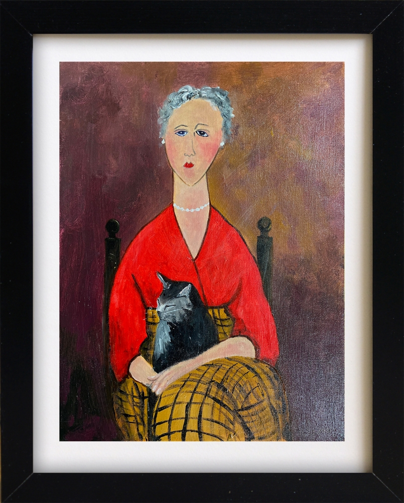 Woman Red Dress grey hair Tabby Cat