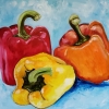 STILL LIFE WITH THREE PEPPERS 71 X 56 CM. ON TURQUOISE BACKGROUND.