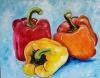 STILL LIFE WITH THREE PEPPERS 71 X 56 CM. ON TURQUOISE BACKGROUND.