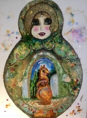 Russian fairytale doll mix media artwork 