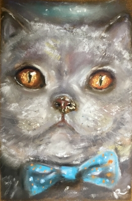 Cat in a bow tie pastel painting 