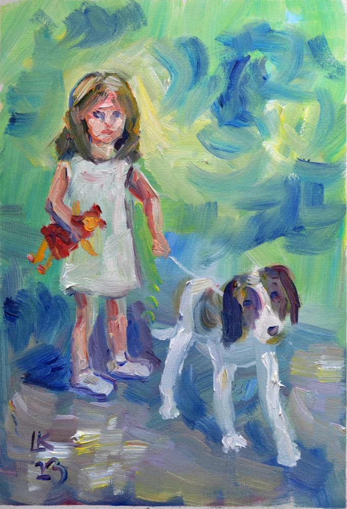 Little Girl with Doll and Dog