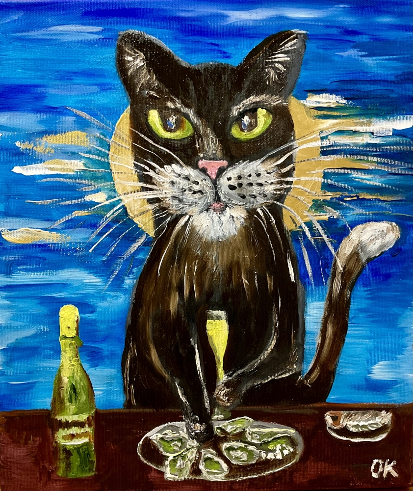 Cat and champagne. Supper In restaurant. 