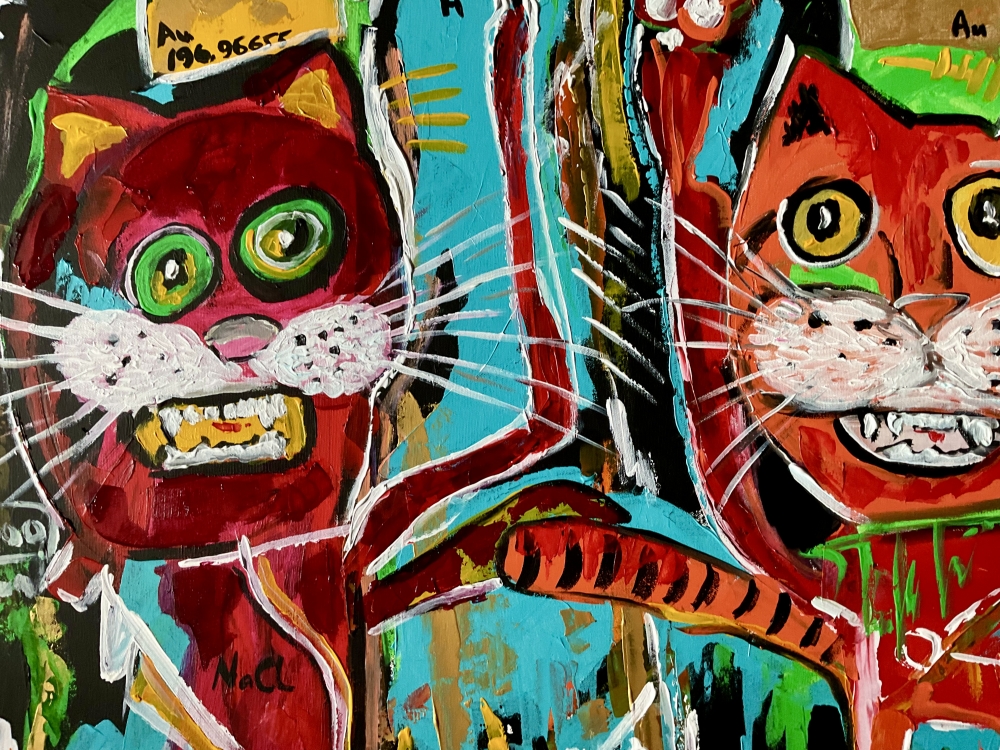 Cats kings alchemists friends in style of famous painting by Jean-Michel Basquiat