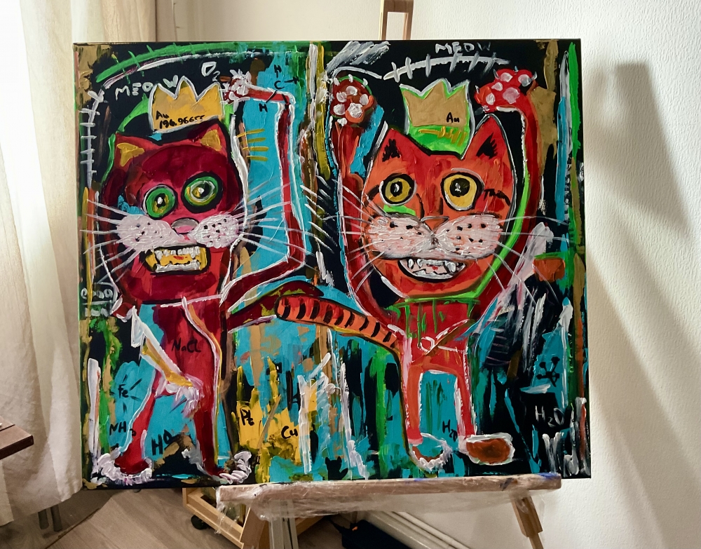 Cats kings alchemists friends in style of famous painting by Jean-Michel Basquiat