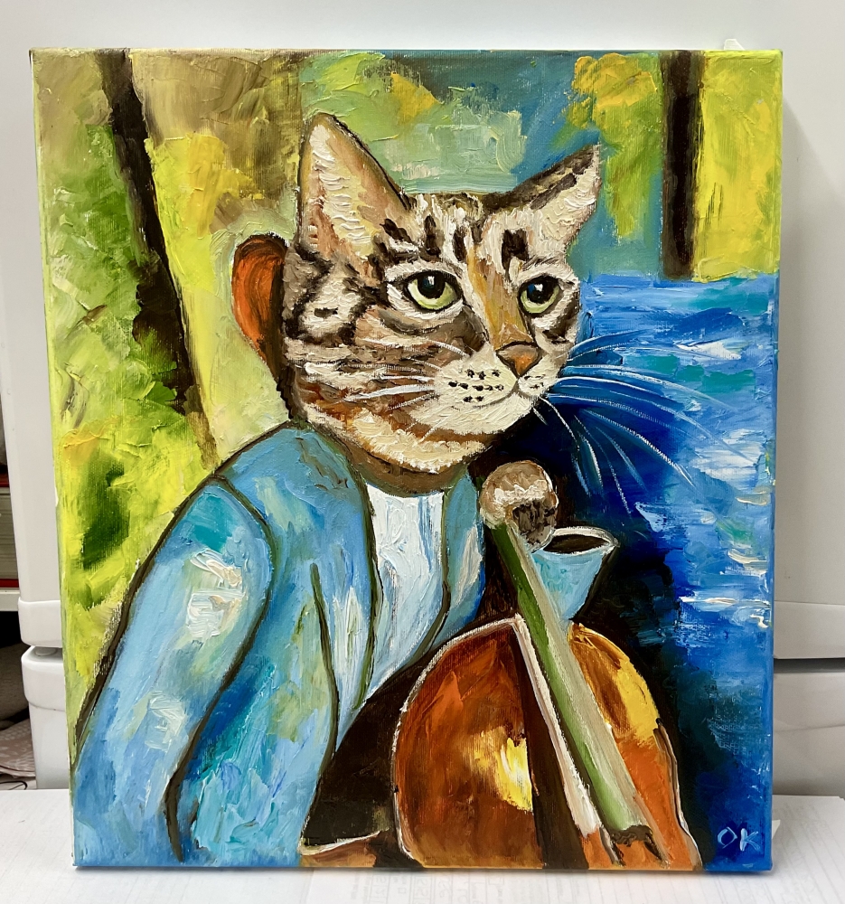 Cat cellist, sounds and vision, inspired by Amedeo Modigliani 