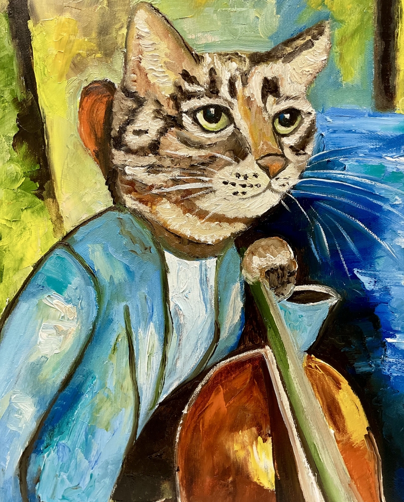 Cat cellist, sounds and vision, inspired by Amedeo Modigliani 