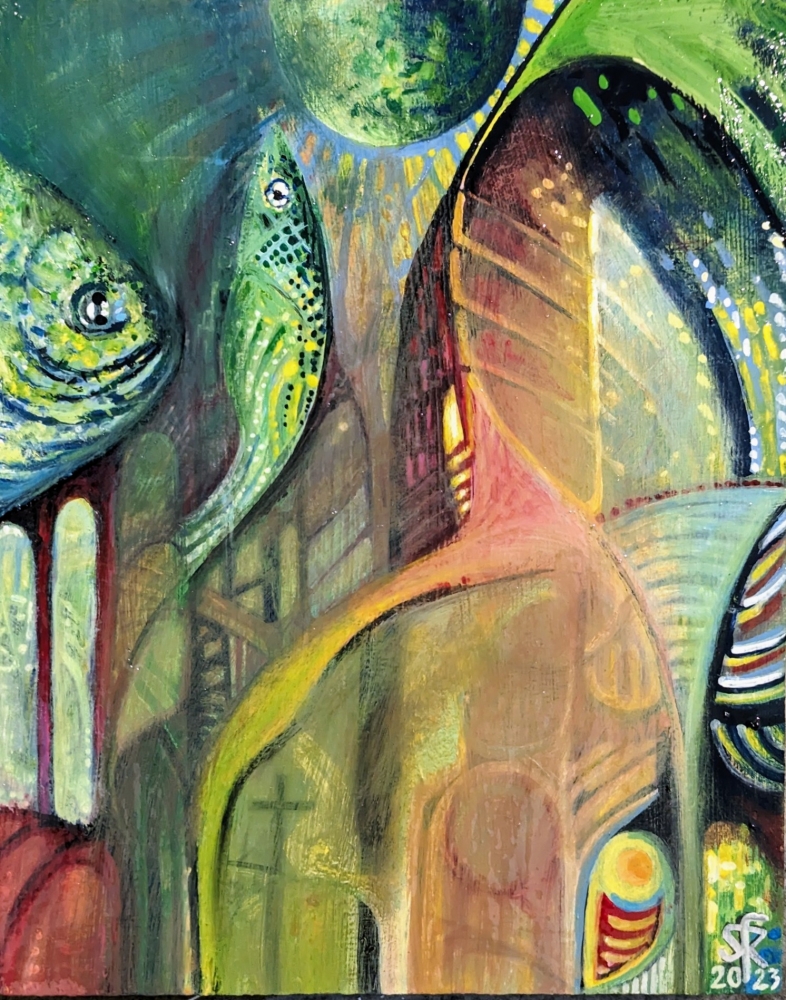 Portrait in green with fish