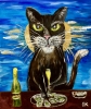 Cat and champagne. Supper In restaurant. 