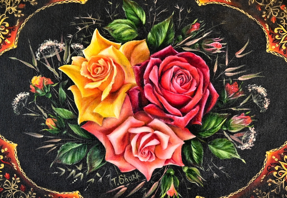 Live roses on a tray