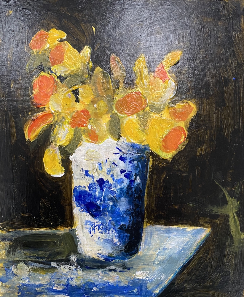 Blue & White China Vase of Daffodils