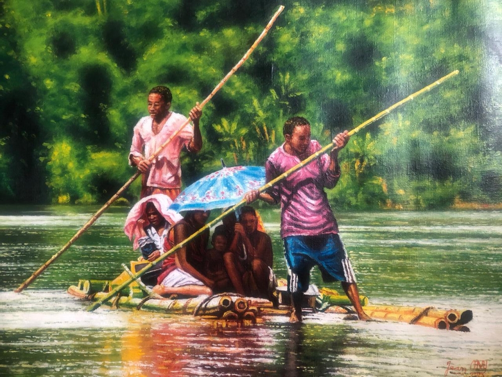 Family crossing the lake with Bamboo canoe