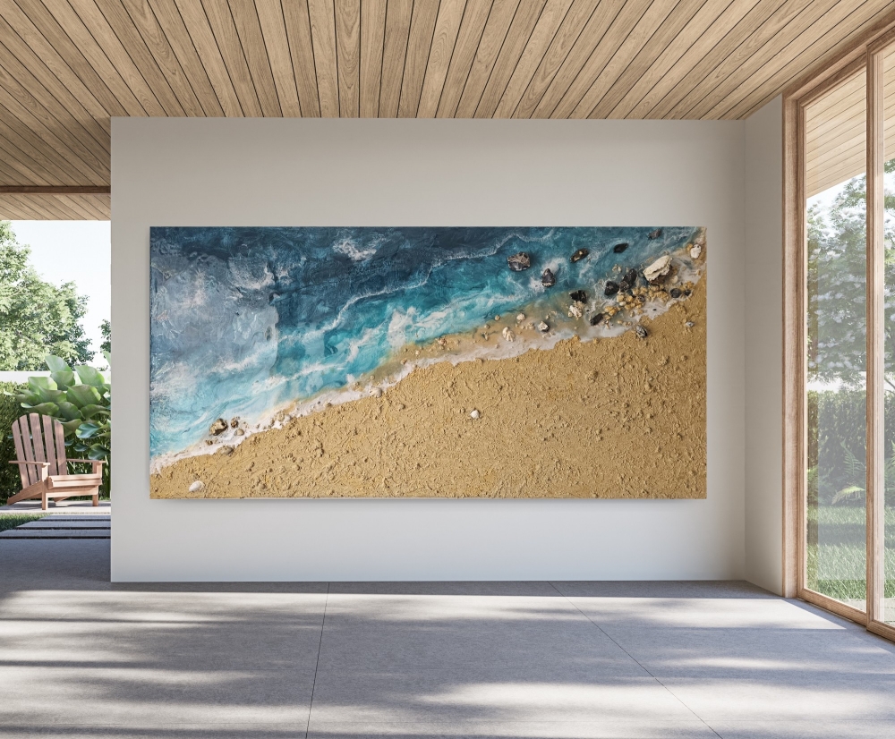 Large 3D Original Resin Artwork Realistic Ocean Beach Painting on Canvas 