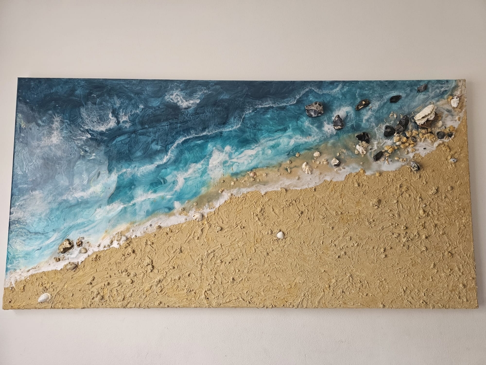 Large 3D Original Resin Artwork Realistic Ocean Beach Painting on Canvas 