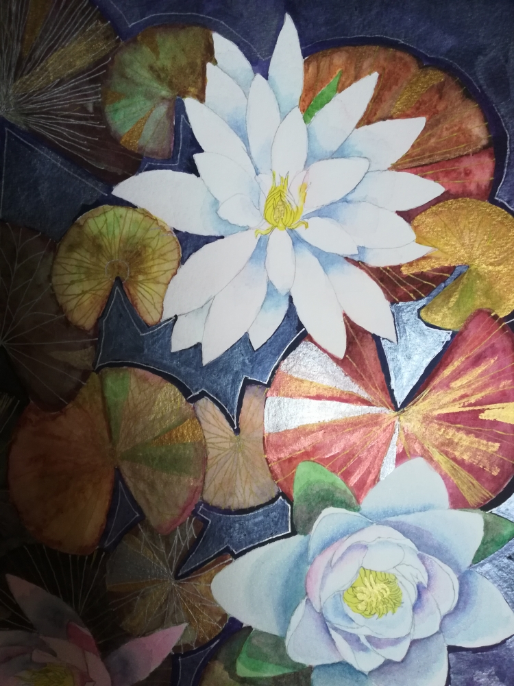 Waterlilies in metallic watercolour 