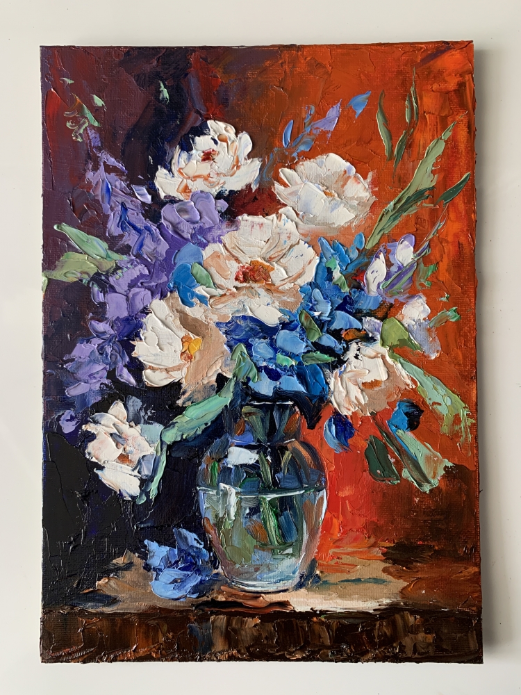 Bouquet Of White Flowers In A Blue Vase On Red Still Life