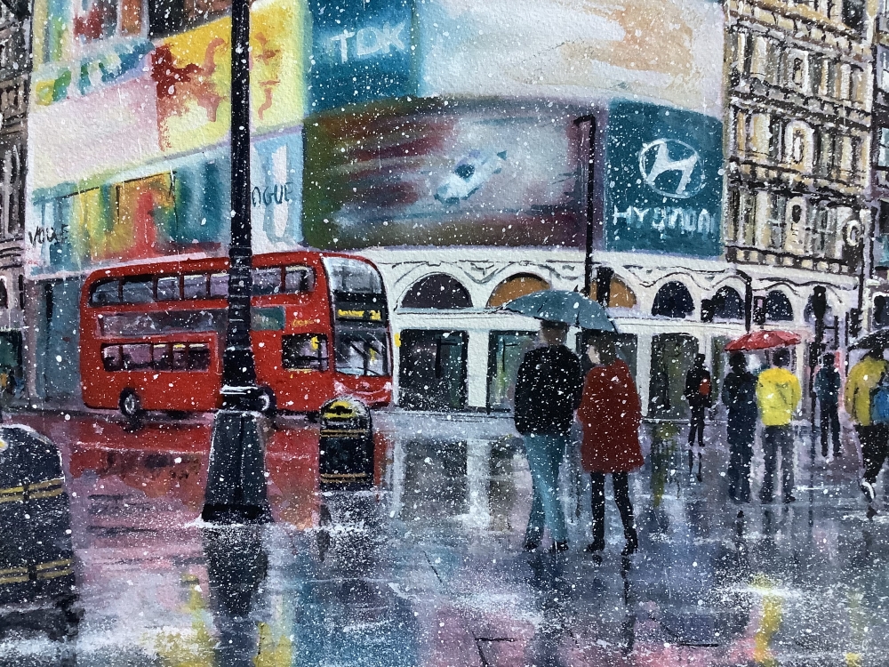 Piccadilly Circus in winter snow