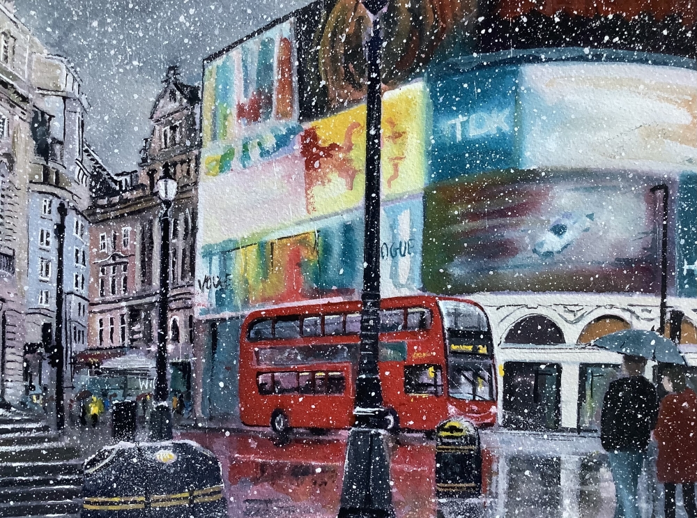 Piccadilly Circus in winter snow