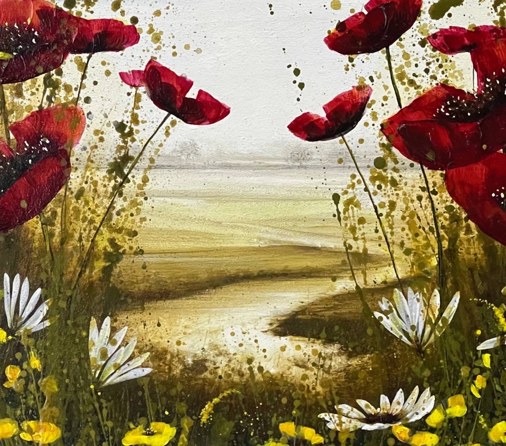 River Poppies with daisies oil painting