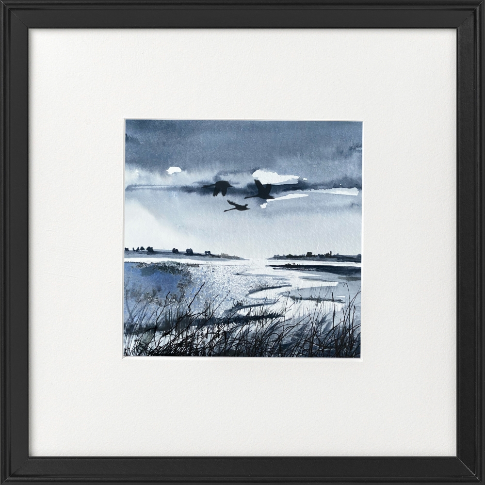 Monochrome - Brooding Marsh skies, Swans flying over framed