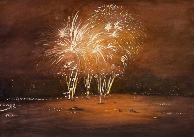 A Light of Fireworks Over Hong Kong  (Watercolour - Original)