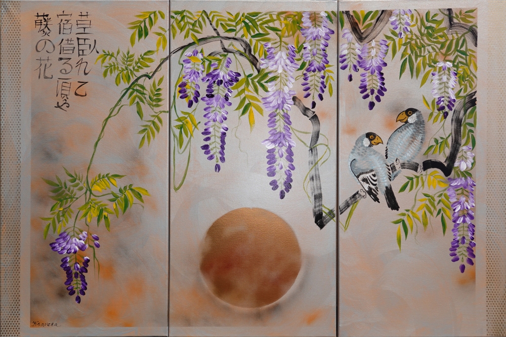 Large silver orange triptych Japanese wisteria J303